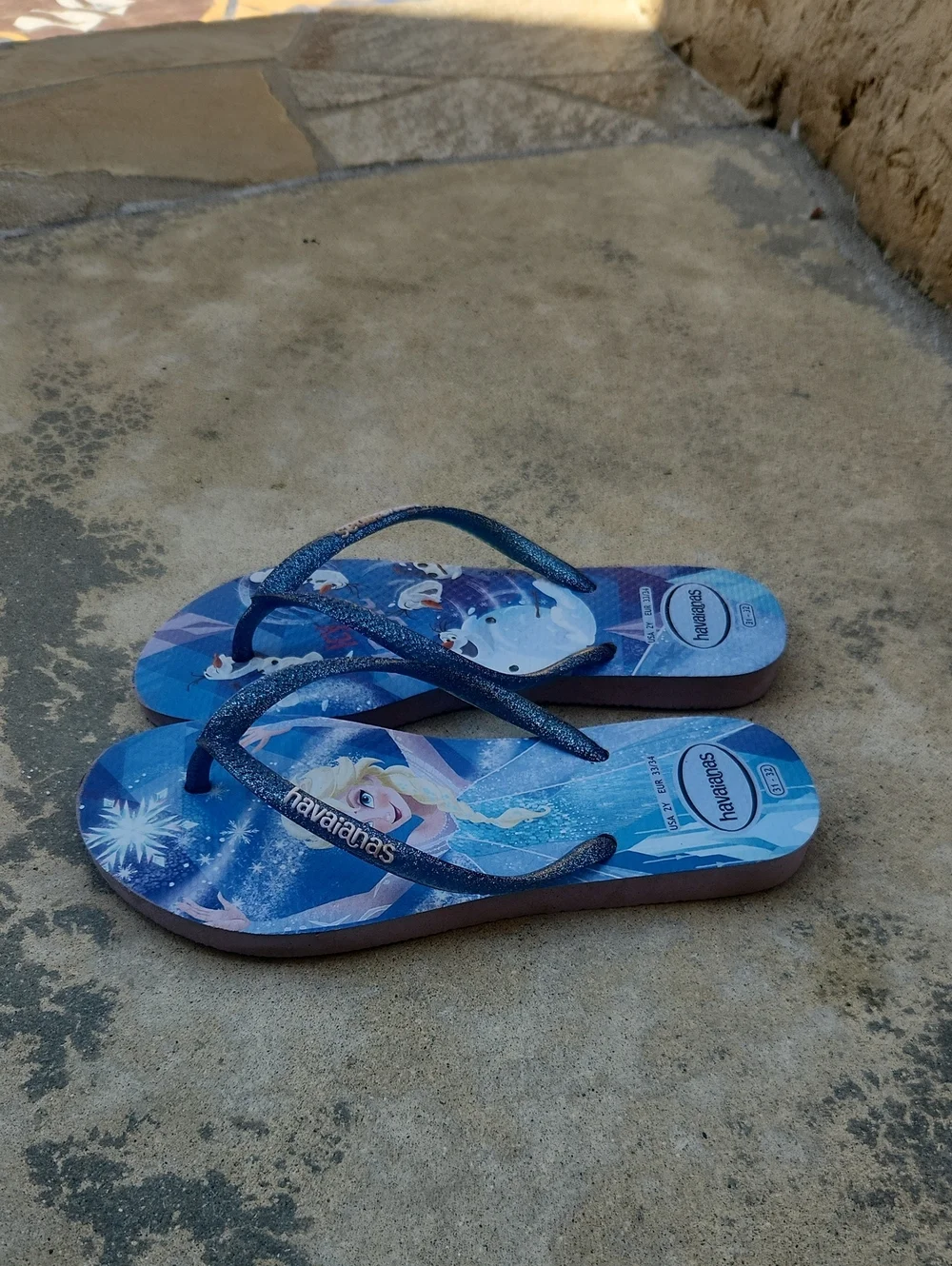 Havaianas Disney Frozen Elsa Olaf Flip Flops Glitter Blue Size 2Y/3Y Kids 31/32